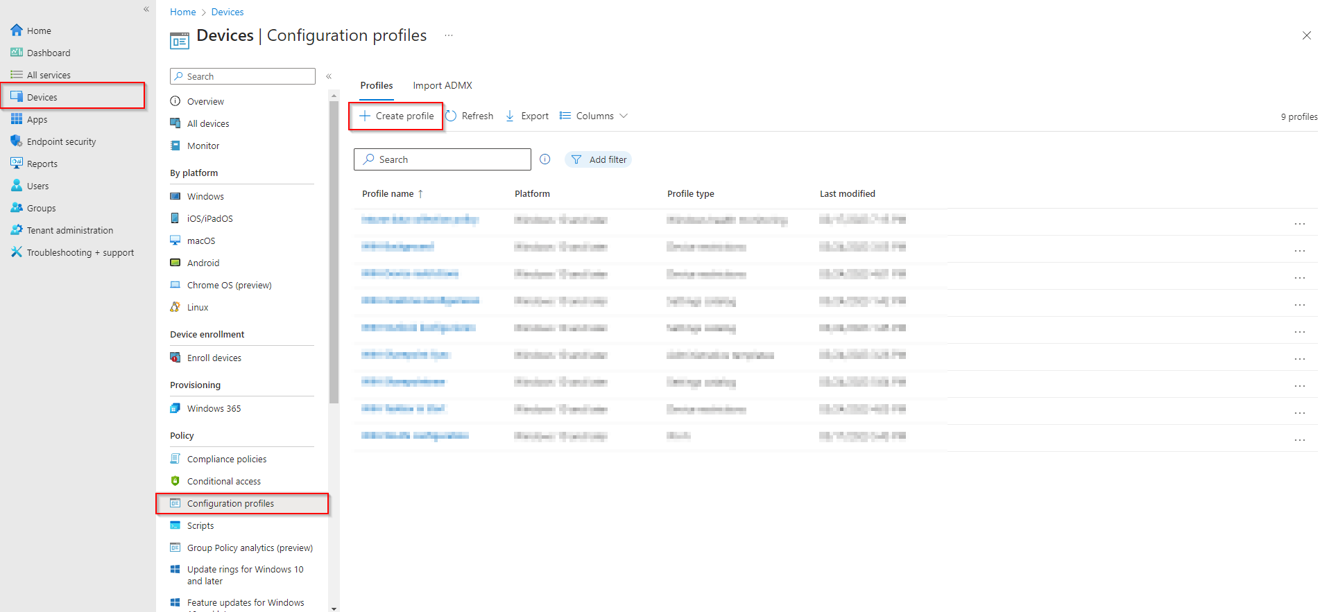 Configuration profiles page in Microsoft Intune